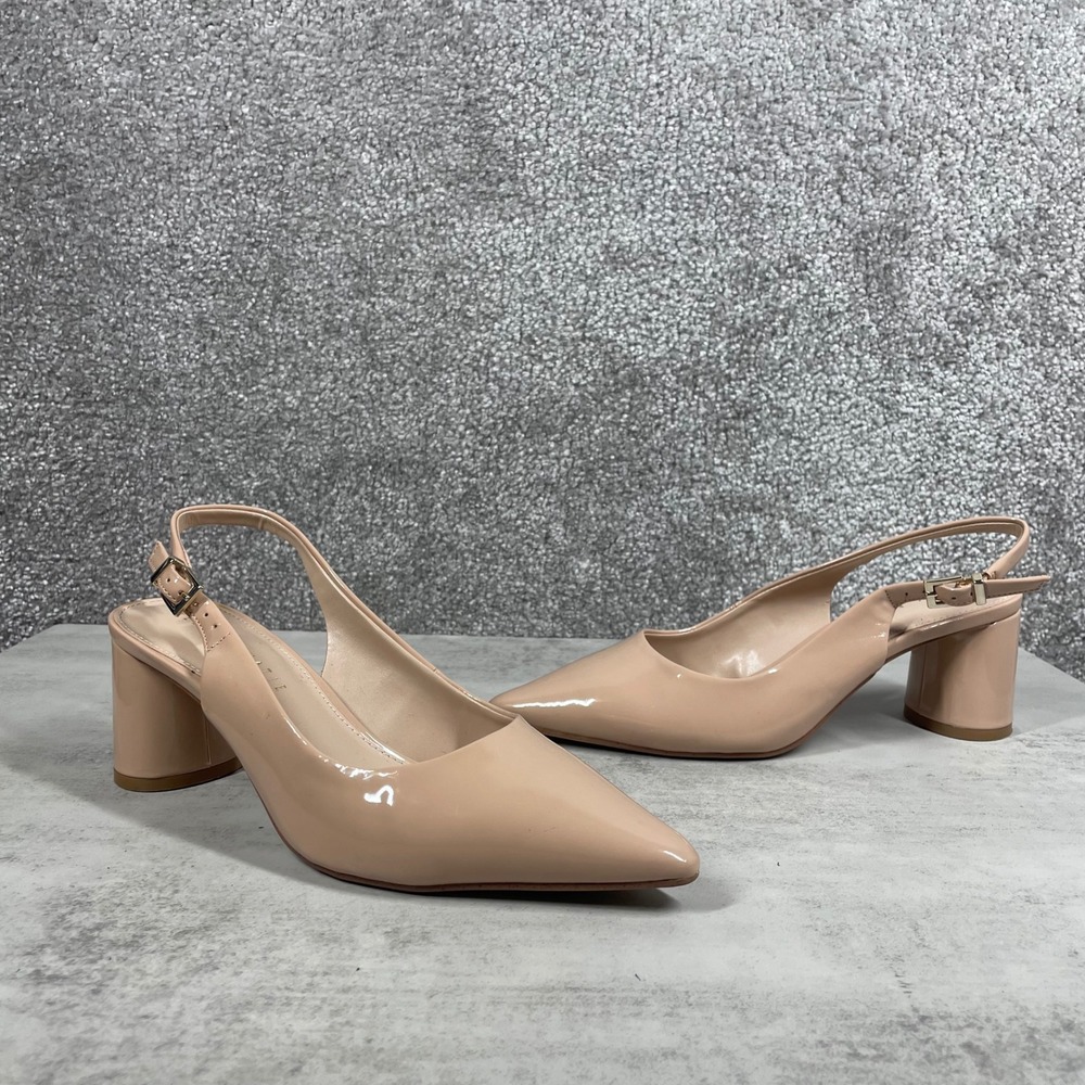 Kelly Katie Slingback Pump Womens 7 Nude Patent Block Heel Pointed Toe
